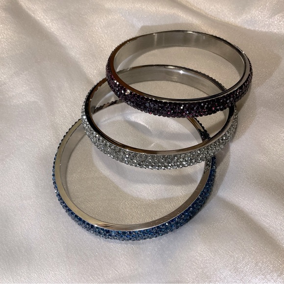 Set of 3 pave crystal stainless steel bangle cuff bracelets - Picture 6 of 13